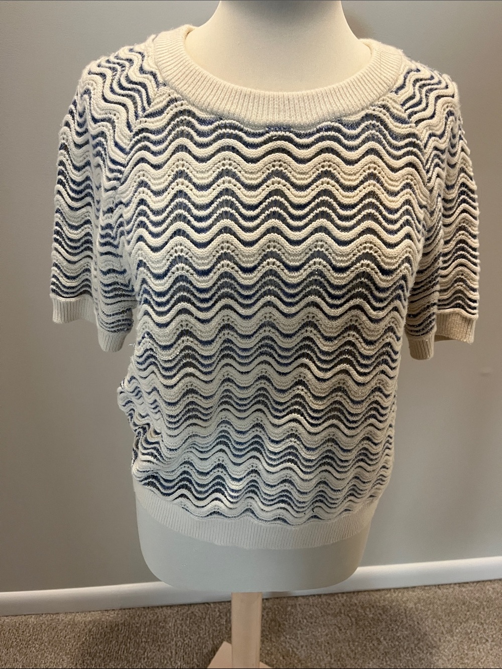 LOFT Cream and Navy Wave Knit Short Sleeve Sweater